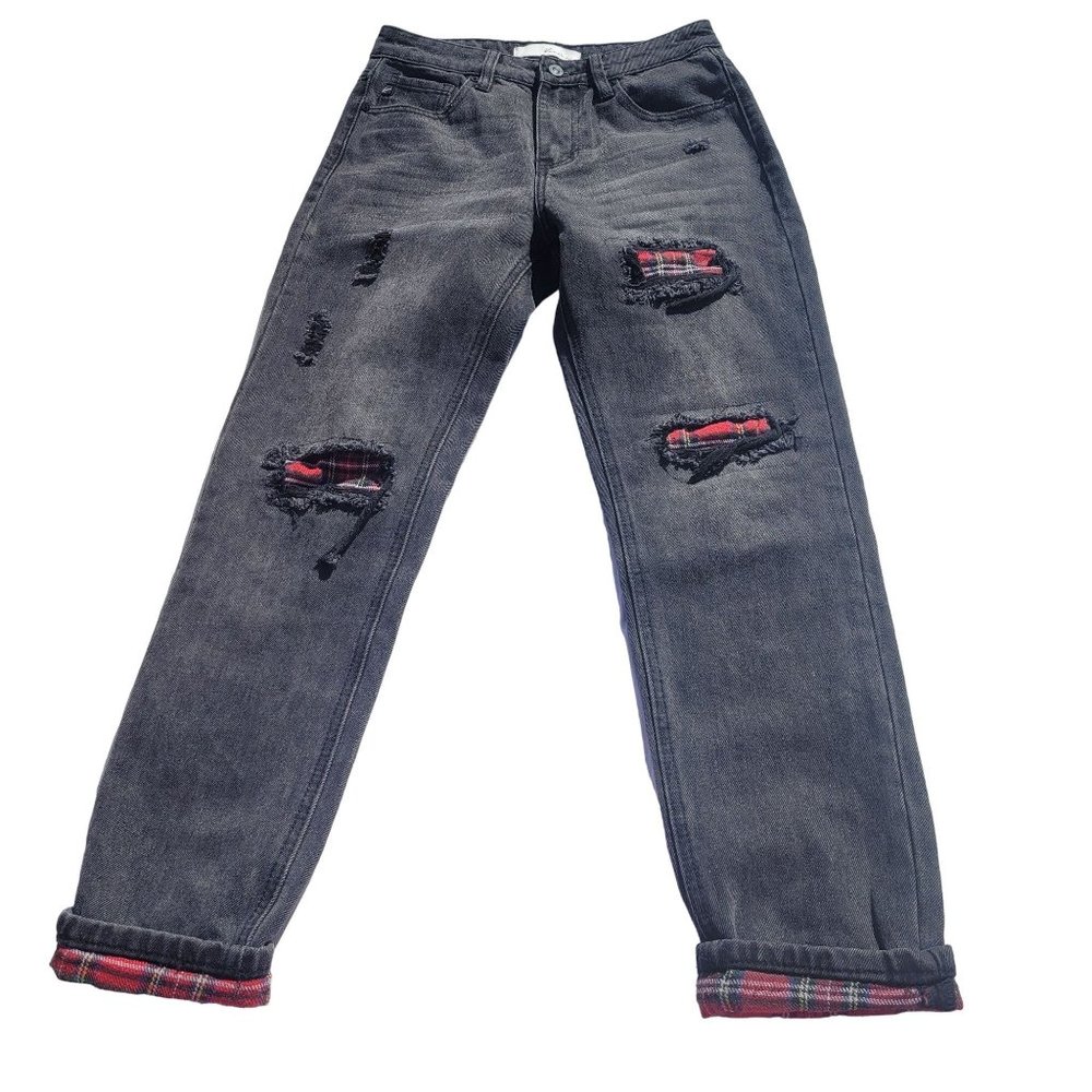 Kancan Women's Distressed Jeans with plaid flannel patch/inserts Size 1/24 PICS